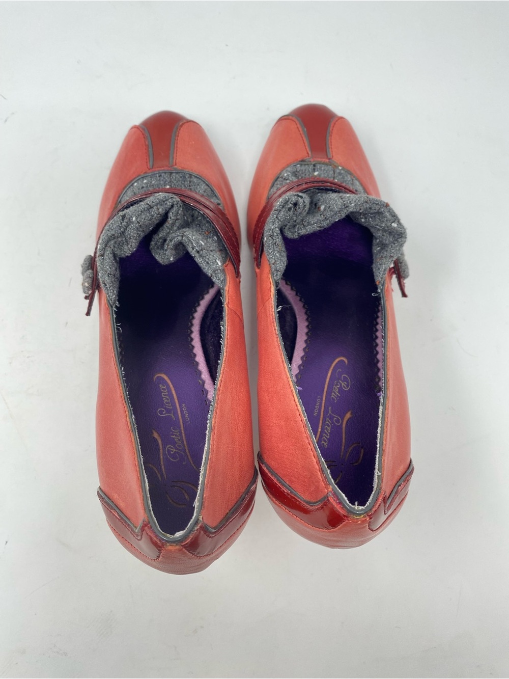 Poetic License Love Letter Mary Jane Red Leather Heels Gray Fabric Trim Retro - Picture 5 of 12